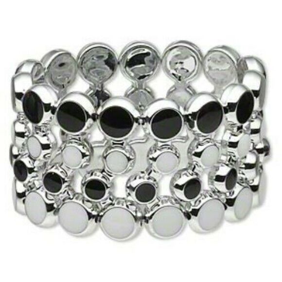Mid Century Modern Style Wide Acrylic Stretch Bracelet Black White Silver - Picture 1 of 1